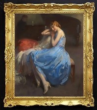 Hand Painted Classical Oil Painting Lady in Blue Evening Dress Art Vintage Style picture