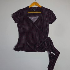 Inc International Concepts Wrap Blouse Top Womens Small Black Pink Polka Dot picture