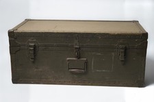 Vintage US Army Military Foot Locker Trunk Green Metal Wood Named WWII Korea Era picture