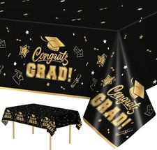 108 x 54 Inch, Plastic Disposable Rectangle Black Gold Class of 2026 Table Cover picture