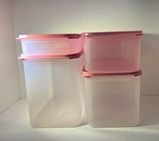 Tupperware Clear Plastic Rectangle Storage Container Set of 4 w Pink Snap Lids  picture