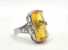 Vintage-Inspired Silver Tone Ring With Rectangular Yellow Gemstone & Intricate F picture