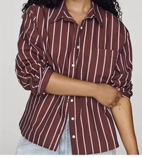 NWT Maeve Anthropologie Bennett Buttondown Shirt Dark Wine Striped Cotton Size S picture