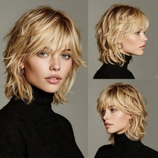 Honey Blonde Pixie Cut Wig Heat Resistant Synthetic Layered Hair with Bangs picture