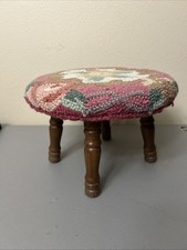 Vintage Hook Rug Covered Foot Stool Ottoman Floral Cottage Grandma 4 Legs 13x8.5 picture