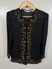 Vintage Night Vogue 100% Silk Jacket Small Beaded Sequin Black Gold Glam 80s picture