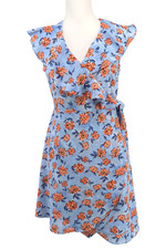 THML Anthropologie Dress Women Size Small Blue Floral Wrap Sleeveless Ruffle New picture