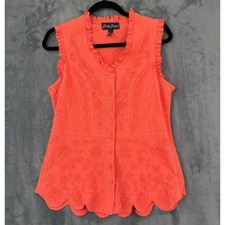 Gretty Zueger Top Womens Size L Embroidered Ruffle Button Front Art to wear Boho picture