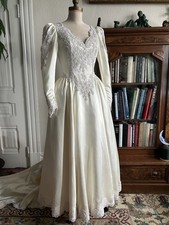 Vintage 1940s 50s Ivory Satin Lace Wedding Gown Princess Dress Basque Waist 27W picture