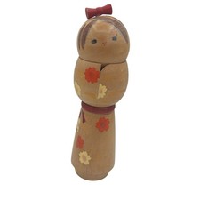 Vintage Japanese Sosaku Kokeshi Signed Fumio Tomidokoro Girl Red Bow Flowers 9.5 picture