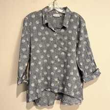 Habitat Blouse Button Down Shirt Blue Polka Dot 100% Linen Flax Size L picture