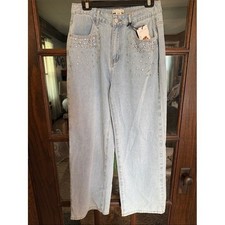 Sincerely Jules Rhinestone Embellished Wide Leg Jeans Light Wash Blue NWT 11/29 picture
