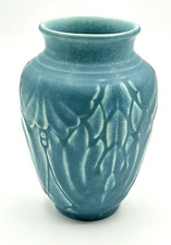 ROOKWOOD POTTERY MATTE BLUE EMBOSSED FLORAL & LEAF PATTERN VASE-ca1940-EXCELLENT picture