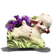 Vintage 1950s Ceramic Lamb Planter Nursery Easter Cottagecore Kitsch Mid Century picture