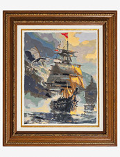 Brittony Martin Original Framed Acrylic Painting Sailing Ship with Dragon picture