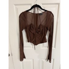 Fashion Nova Chocolate Brown Sheer Mesh Ruched Tie Back Crop Top Y2K L S5037T picture