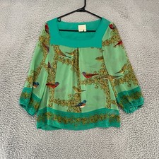 Vanessa Virginia Top Womens 2 Bird 100% Silk Anthropologie Y2K Blouse Green picture