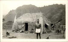 Hawaii HI Man at Grass Hut Surf Board c1920s-30s Real Photo Vintage Postcard bhn picture