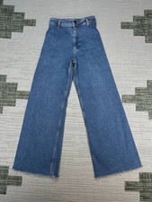 Zara Marine High Waisted Jeans Women 2 Blue Denim Stretch Raw Hem Wide Leg 24x28 picture
