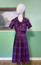 VTG 40s Plaid Sailor Collar Dress Polished Cotton Schoolgirl Pleated Autumnal picture