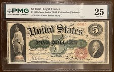 1863 $5 Legal Tender PMG VF 25 Fr.#63b New Series 75-83 Chittenden Spinner picture