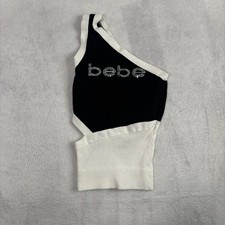 Y2K Bebe Rhinestone Tank Top Black White Sleeveless Women's Small One Strap picture