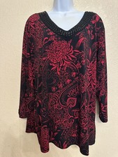JM Collection Women's 3X Red Black Floral Tunic Top 3/4 Sleeve picture