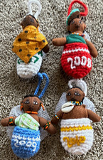 Set of 4 Handmade Cloth Doll Christmas Ornaments w/ Crochet Bags, Beads 2007-10 picture