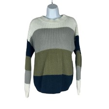 Merokeety Colorblock Knit Sweater Womens Medium Green Cream Gray Long Sleeve Top picture