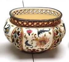  Antique Zsolnay Pecs Reticulated Pierced Faience Cachepot Bowl TJM Mark 1880s picture