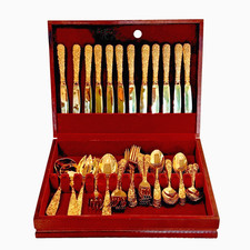 Godinger Olde Bouquet Gold Flatware 64 Pc Set Wood Chest 1 Tsp Missing Vintage picture