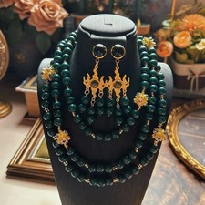 Vintage Green Czech Glass 3 Strand Necklace Dangle Earrings Jewelry Set Women picture