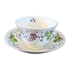 Antique 1830s Handpainted Porcelain Handless Cup & Saucer ~ Grape & Vine picture