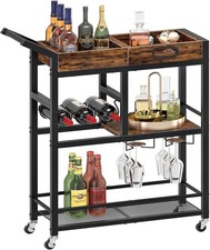 HOOBRO Bar Cart Coffee Kitchen Wine Rolling Serving BF62TC01 Brwon & Black *NEW* picture
