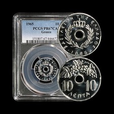GREECE. 1965, 10 Lepta - PCGS PR67 - Paul I, Grapes Over Center Hole, Rare picture