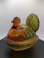 VTG Indiana Amber Glass Turkey Hen On A Nest TrinketCandy Dish Ombre Brown Green picture