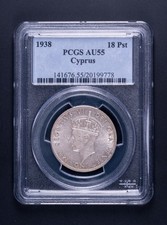 1938 British Cyprus George V 18 Piastres PCGS AU55 Low Mintage RB778 picture