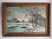 Painting H. Tournay - Cabin with Trees Winter Scene Oil On Canvas Framed picture