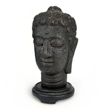 Antique Chinese Tibetan Black Volcanic Solid Rock Buddha Head 19th Century picture