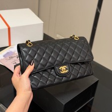 Black Smooth Lambskin Quilted Flap Gold‑Tone Chain Shoulder Crossbody Bag picture