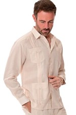 Bohio Mens 100% Linen Cuban Guayabera Shirt -Natural Traditional 4-Pocket-MLS501 picture