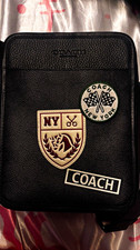Coach Black Pebbled Leather Small Crossbody Coach New York Patches Strap Zip picture