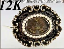 Early Victorian 12K Gold Mourning Brooch, Antique Seed Pearls, Enamel & Hair Art picture