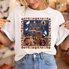 Vintage Halloween Bears Shirt Haunted House Graphic Top Tee picture