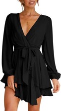 Womens Mini Dress, Deep V-Neck Long Sleeve Waist Tie Ruffle Mini Black Dress picture