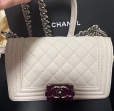 CHANEL Boy Small White Quilted Shoulder Bag Silver Chain Push Lock w/ COA Caviar picture