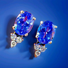 Original EARTH MINED Tanzanite DIAMOND Deco EARRINGS Vintage Studs 14K GOLD picture