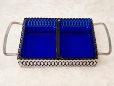 Vintage Empire Made Cobalt Blue Glass Divided Serving Tray Reticulated Metal picture