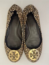 Tory Burch Reva Leopard Print Ballet Flats Gold Logo Size 11M picture