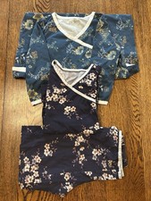 Garnet Hill Asian Wrap Dark Blue Floral Pajamas & Navy Nightgown XS Small Cotton picture